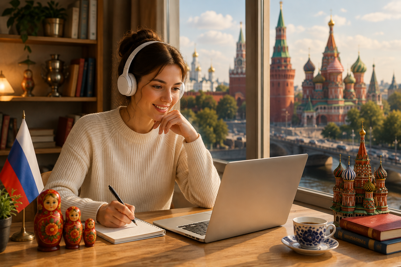 Student learning the Russian language online